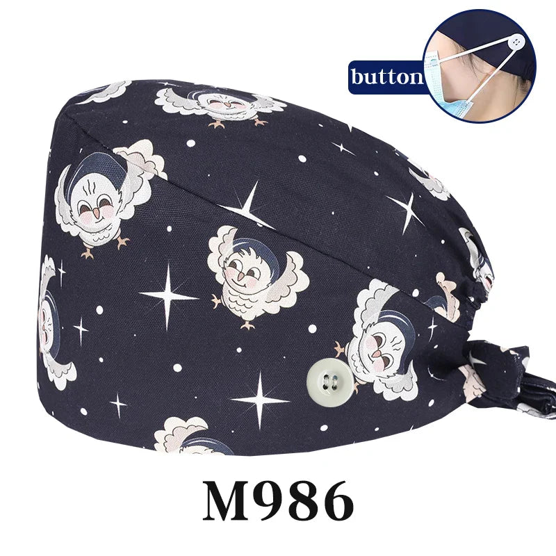Cralom Cartoon Print Cotton Scrub Caps for Pet Grooming & Medical Professionals