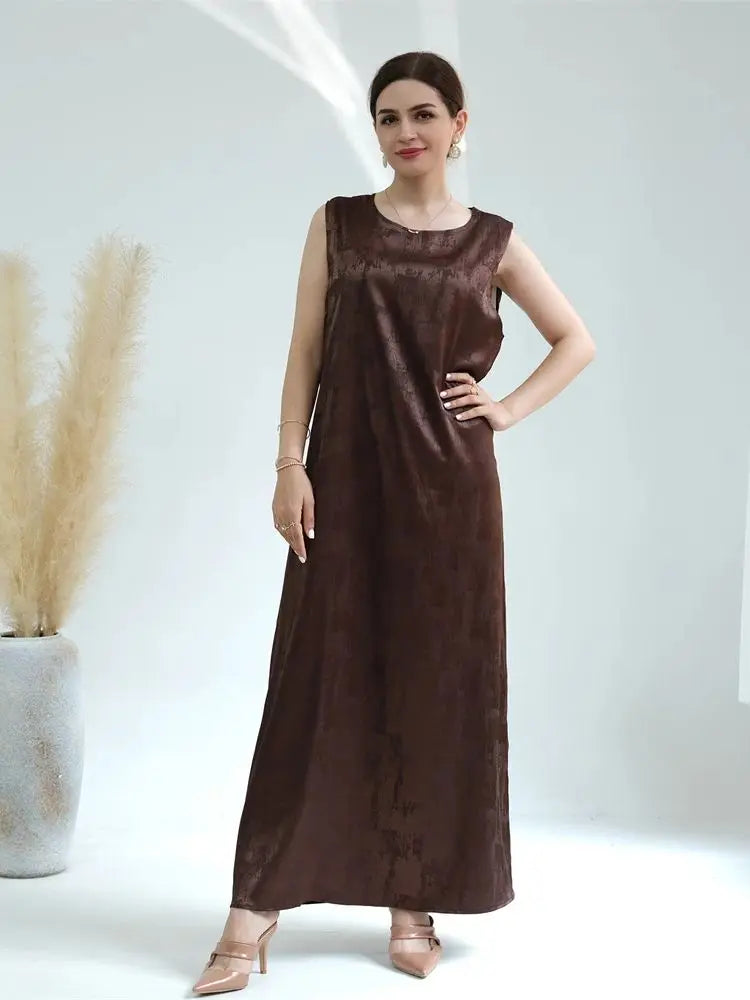 Sleeveless Satin Abaya Long Dress for Women by Cralom: Ramadan Eid Style