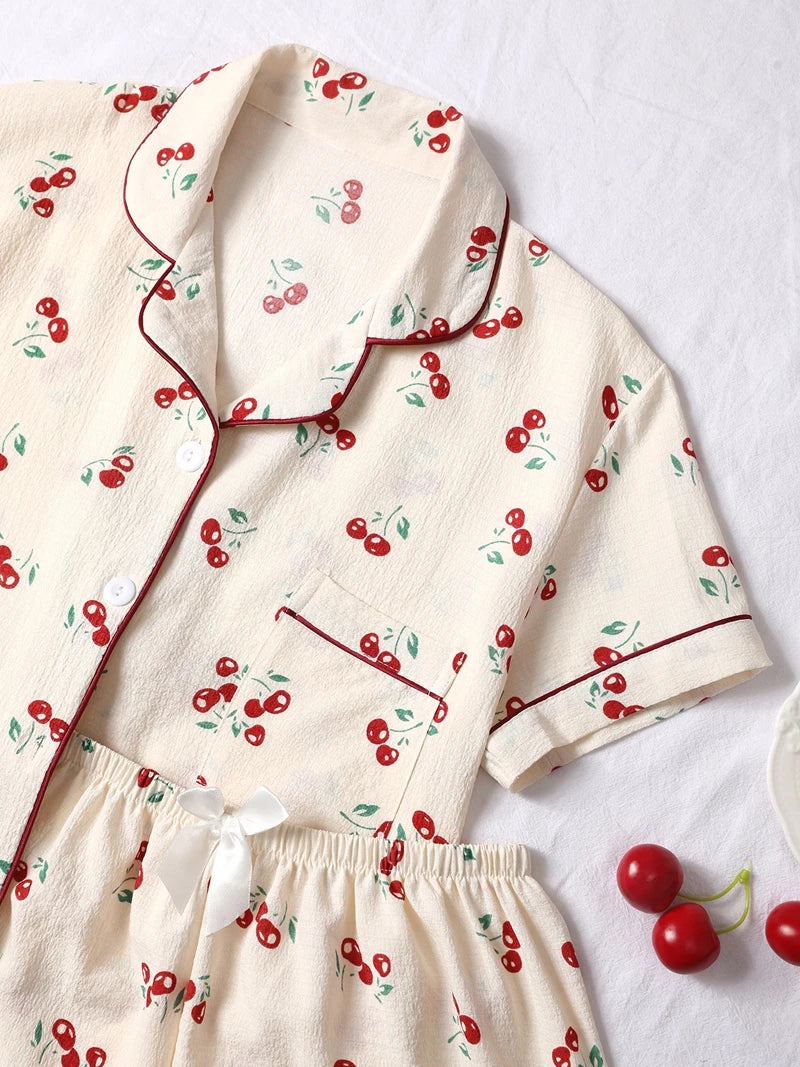 Cralom Cherry Print Pajama Set: Short Sleeve Top & Soft Elastic Shorts