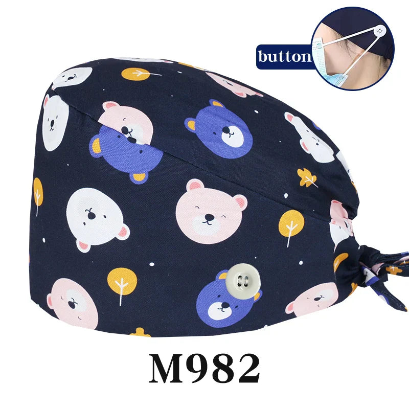 Cralom Cartoon Print Cotton Scrub Caps for Pet Grooming & Medical Professionals
