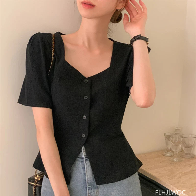 Cralom Retro Summer Crop Tops: Chic Bodycon Slim Fit Peplum Button Shirts