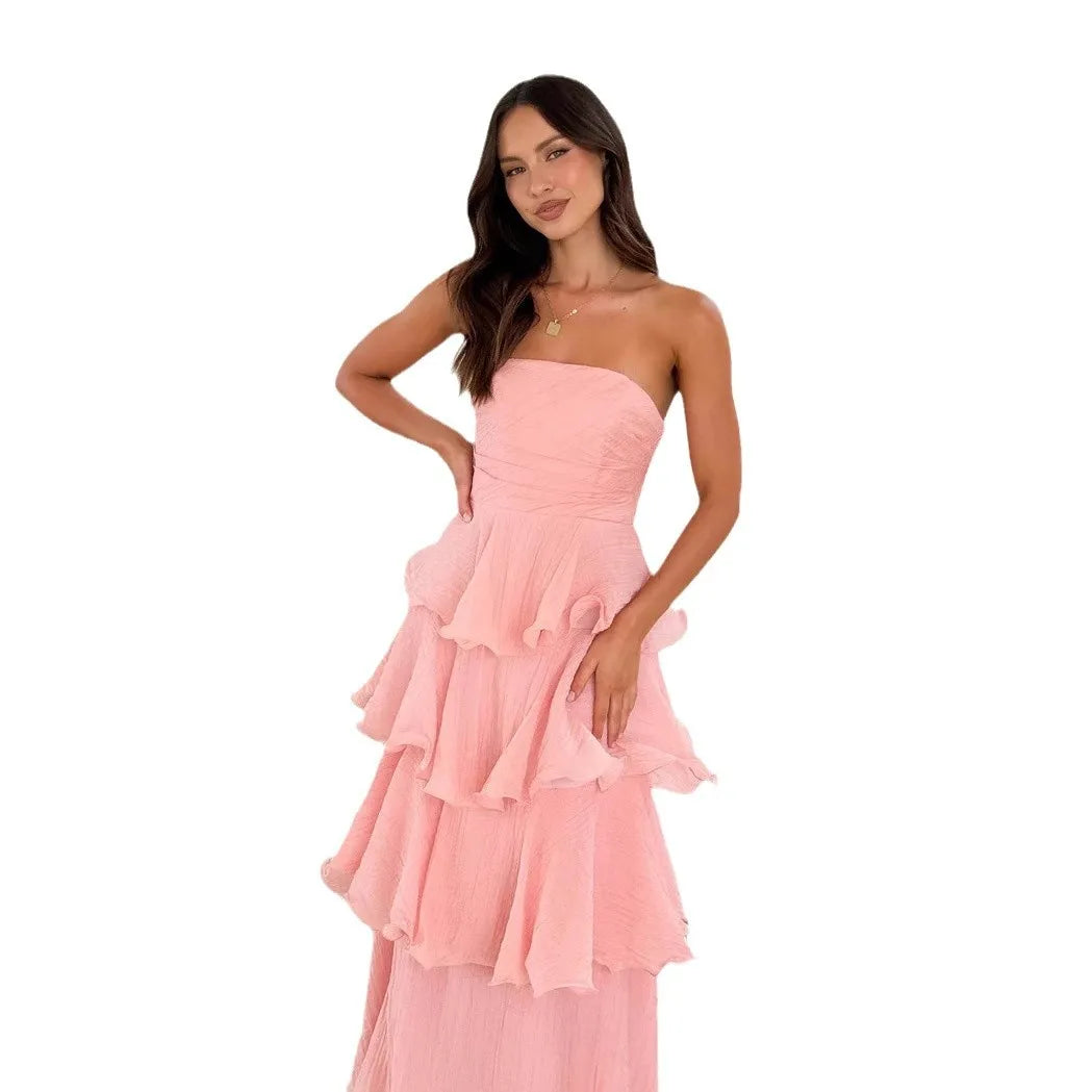 Cralom Solid Color Strapless Backless Cake Dress - 2025 Summer