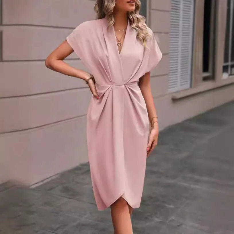 Cralom Short Sleeve V-Neck Dress with Waist Tie - Summer 2025