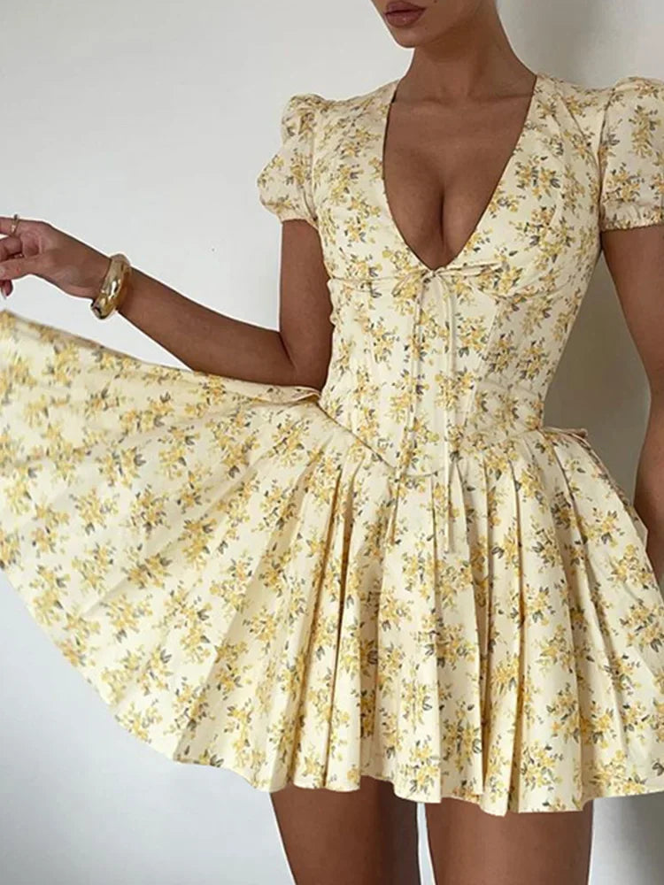 Cralom 2025 Pleated Mini Dress: Sexy Slim Fit, Floral Print, V-Neck, Short Sleeve