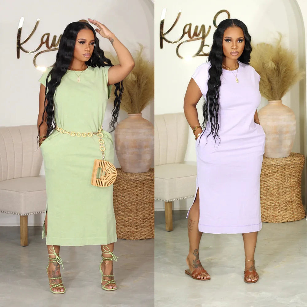 Cralom Summer 2025 Solid Color Slit Dress Casual Fashion Modern Chic TrendyCasual Summer Dress