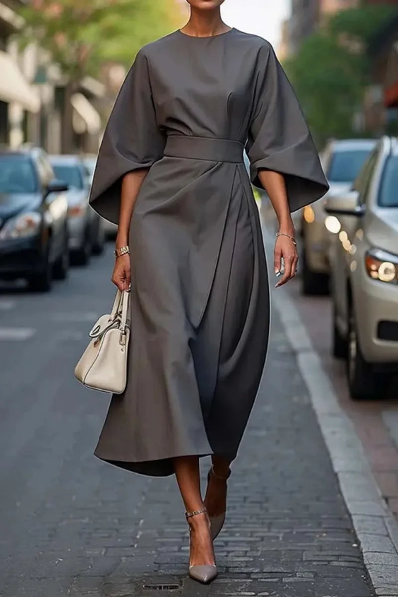 Cralom Solid Color Waist Cinched Batwing Sleeve Long Dress - 2025 Autumn