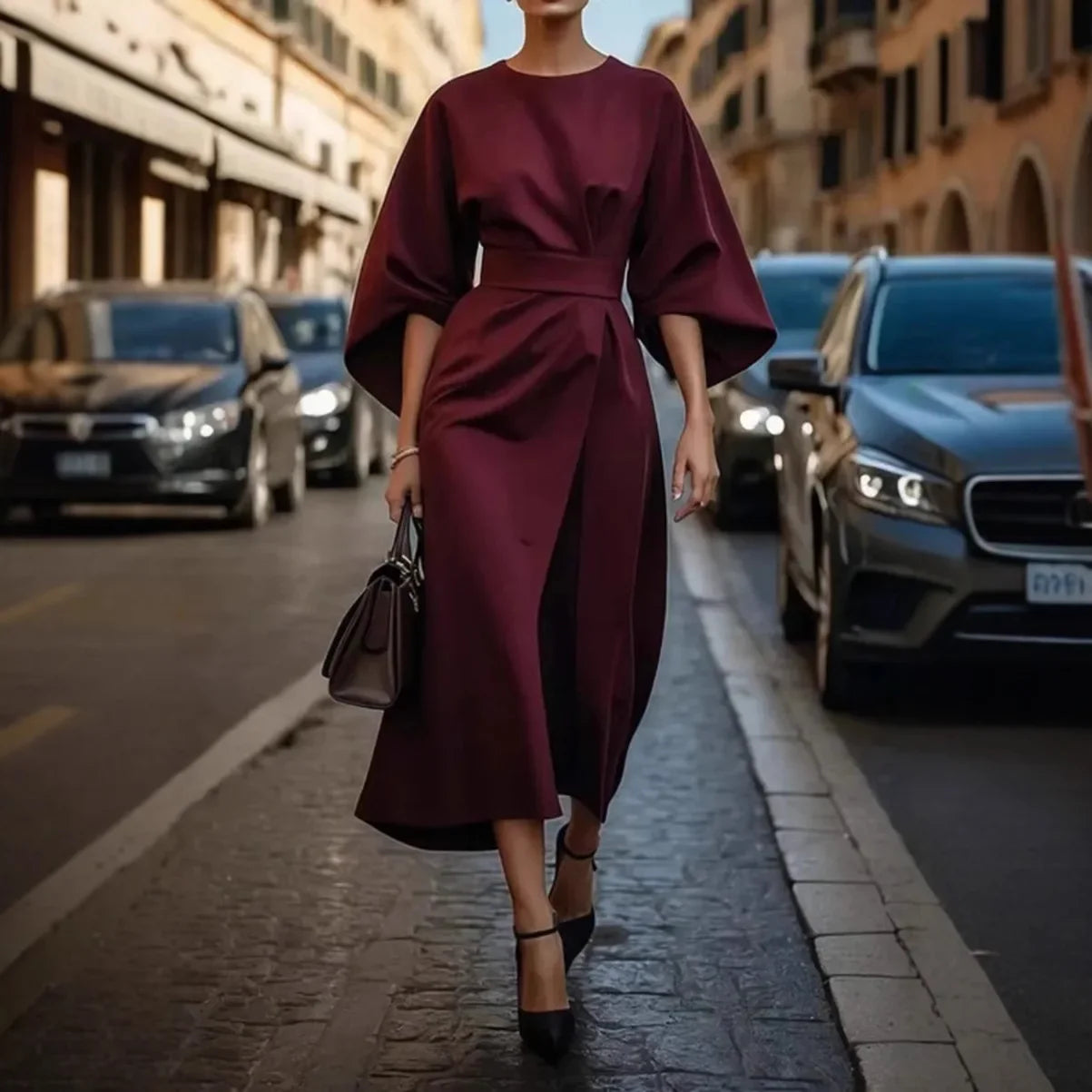 Cralom Solid Color Waist Cinched Batwing Sleeve Long Dress - 2025 Autumn