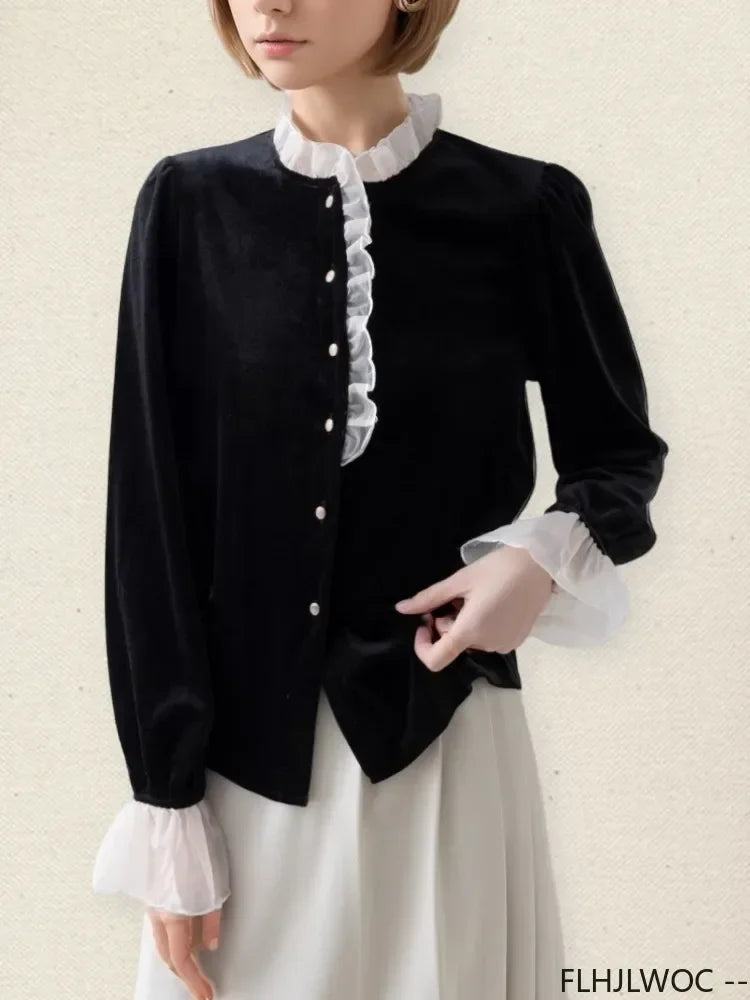 Cralom White Collar Ruffles Long Sleeve Shirt, Autumn Winter Vintage Retro Stand Top