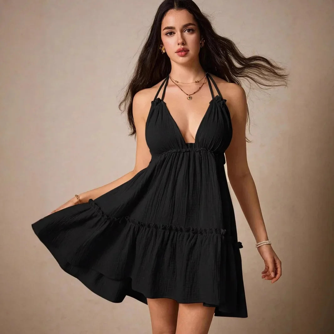 Cralom Sexy Backless Dress with Deep V-neck and Suspender Straps