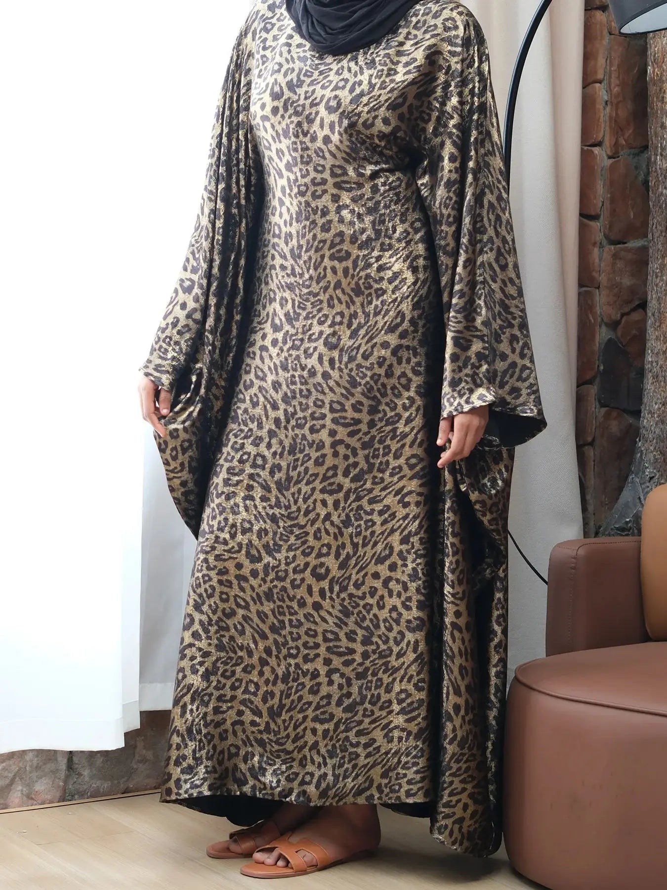 Leopard Print Satin Butterfly Abaya Maxi Dress by Cralom