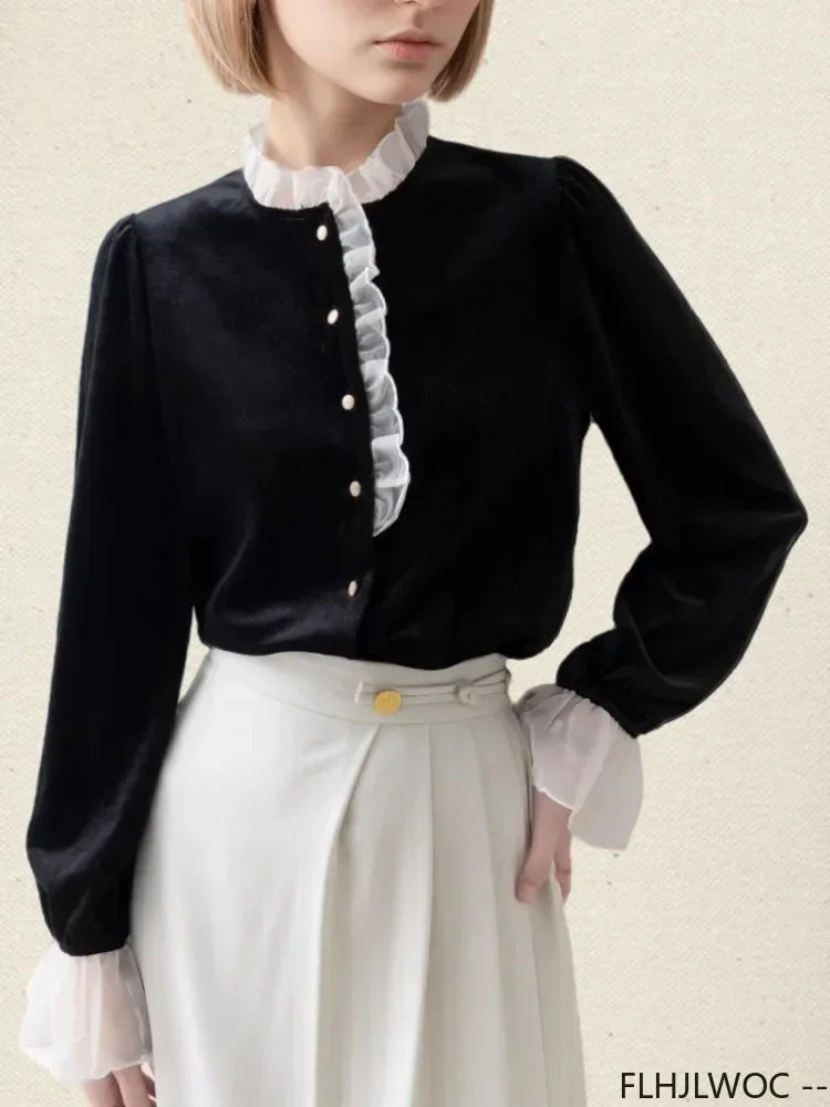 Cralom White Collar Ruffles Long Sleeve Shirt, Autumn Winter Vintage Retro Stand Top