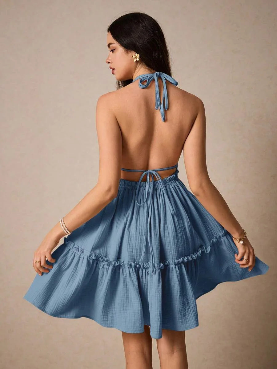 Cralom Sexy Backless Dress with Deep V-neck and Suspender Straps