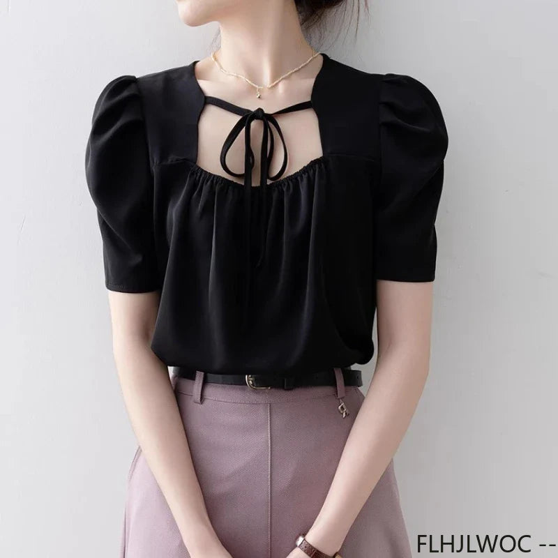 Square Neck Black Bow Tie Top - Cralom Women's Blouse