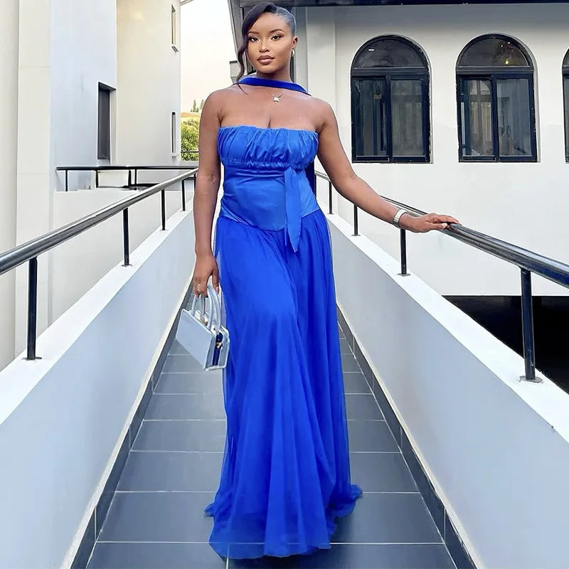 Cralom Strapless Mesh Maxi Dress