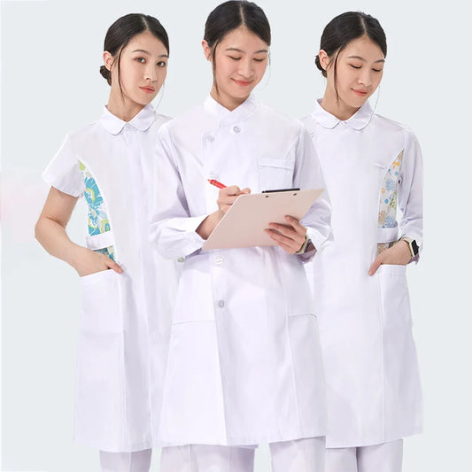 Cralom White Nurse Gown Scrub Uniform for Women, Long Sleeves