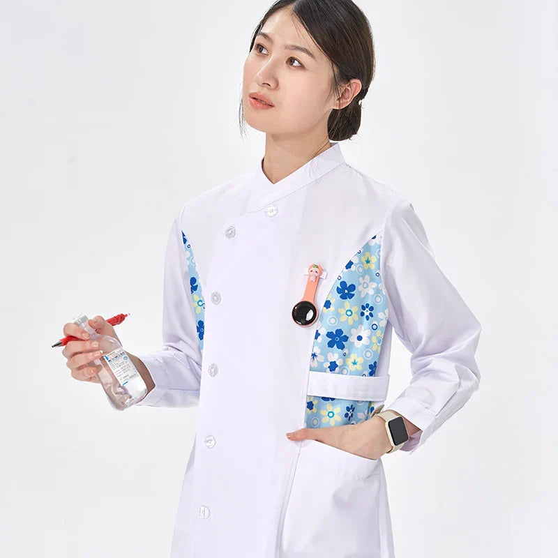 Cralom Flower Print Nurse Gown - ICU Robe Medical Scrub Uniform