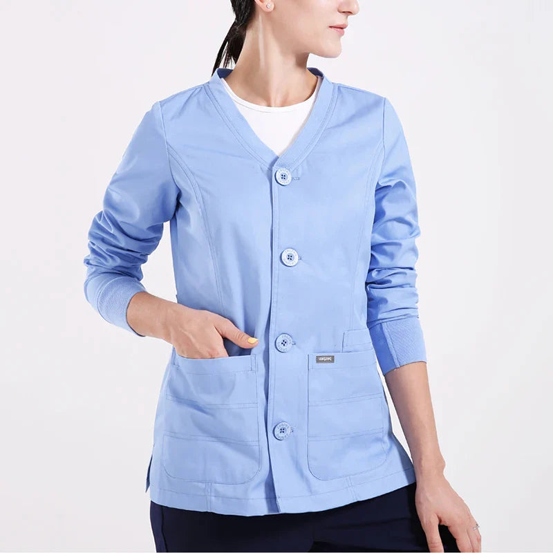 Cralom Knitted Zip Up Scrub Jacket: Long Sleeve Workwear Scrubs