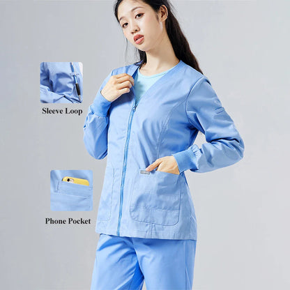 Cralom Knitted Zip Up Scrub Jacket: Long Sleeve Workwear Scrubs