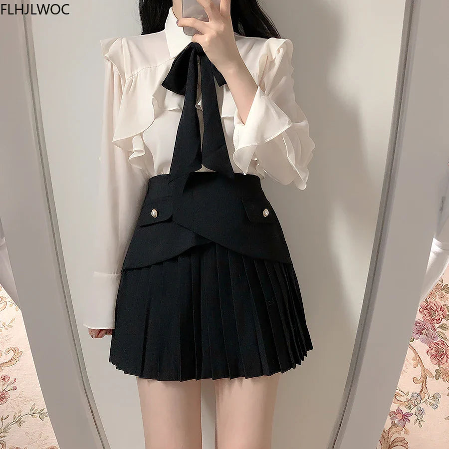 Cralom Ruffled Bow Tie Top Flare Sleeve Office Blouse White Shirt
