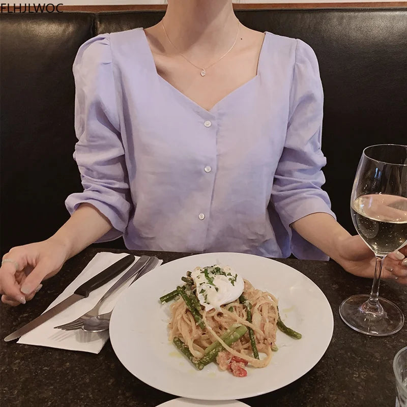 Cralom White Autumn Basic Shirt Single Breasted Women's Blouse