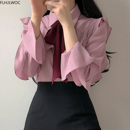 Cralom Ruffled Bow Tie Top Flare Sleeve Office Blouse White Shirt