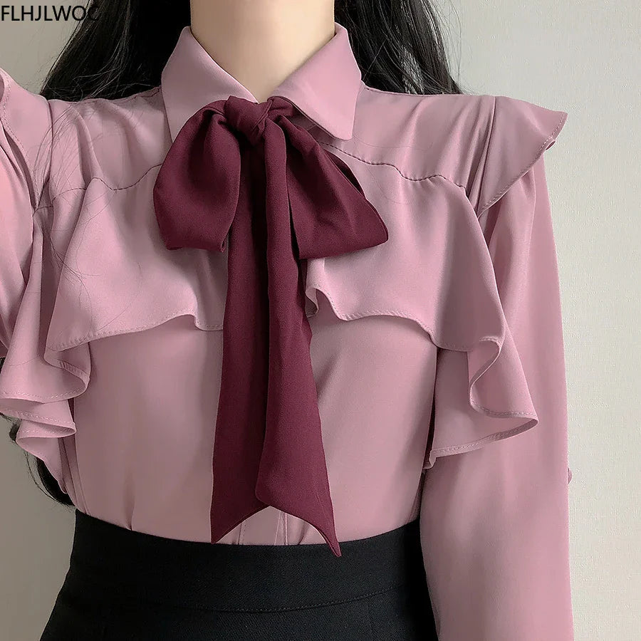Cralom Ruffled Bow Tie Top Flare Sleeve Office Blouse White Shirt