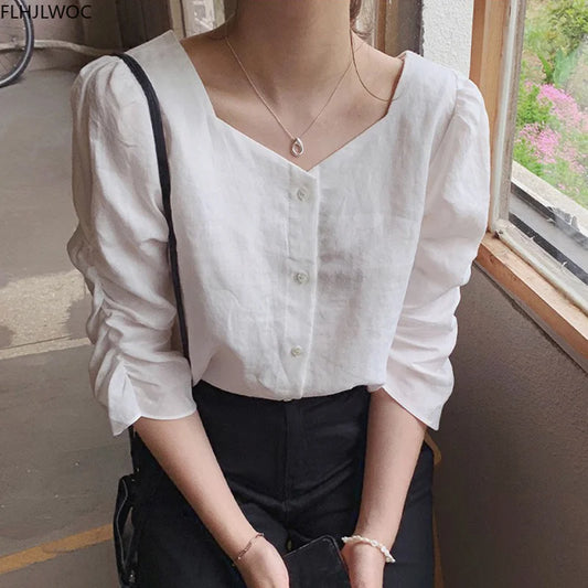 Cralom White Autumn Basic Shirt Single Breasted Women's Blouse