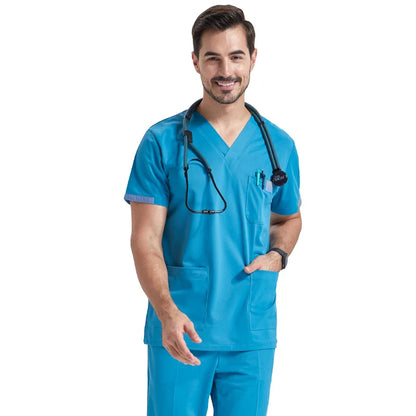 Cralom Silky Nurse & Beauty Care Scrub Set with Multi-Pocket V-Neck Tunic