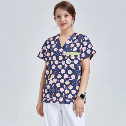 Cralom Pig Print V-Neck Top & White Pants Set for Women