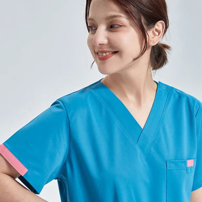 Cralom Silky Nurse & Beauty Care Scrub Set with Multi-Pocket V-Neck Tunic