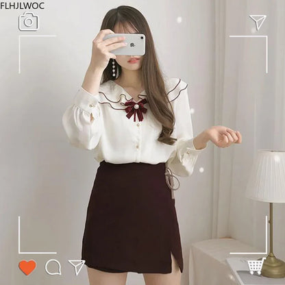 Cralom White Peter Pan Collar Shirt with Bow Tie - Japan Style Trendy Top