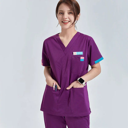 Cralom Silky Nurse & Beauty Care Scrub Set with Multi-Pocket V-Neck Tunic