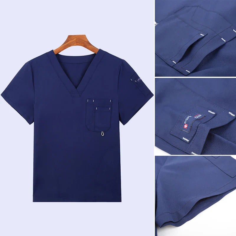 Cralom V-Neck Nurse Scrubs Set Solid Color Workwear Uniform