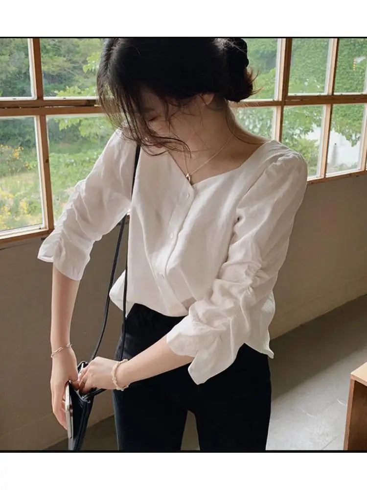 Cralom White Autumn Basic Shirt Single Breasted Women's Blouse