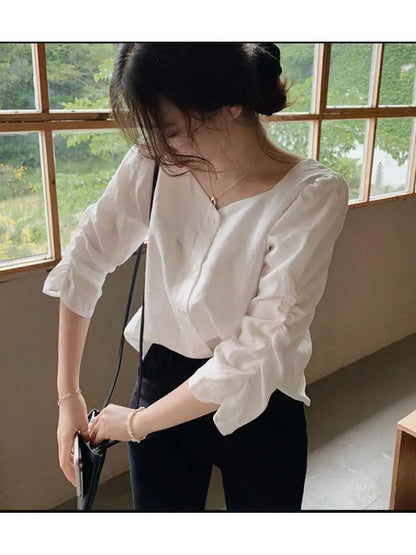Cralom White Autumn Basic Shirt Single Breasted Women's Blouse
