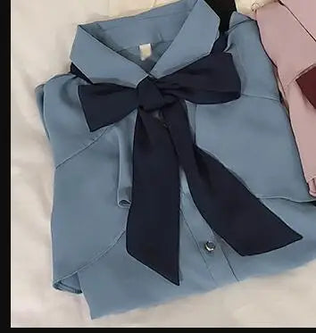 Cralom Ruffled Bow Tie Top Flare Sleeve Office Blouse White Shirt