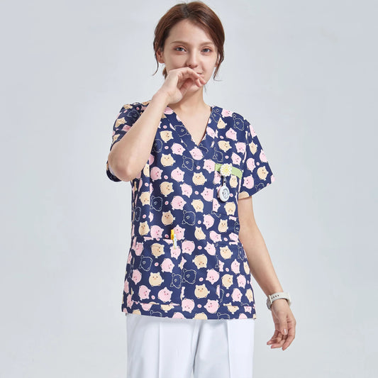 Cralom Pig Print V-Neck Top & White Pants Set for Women
