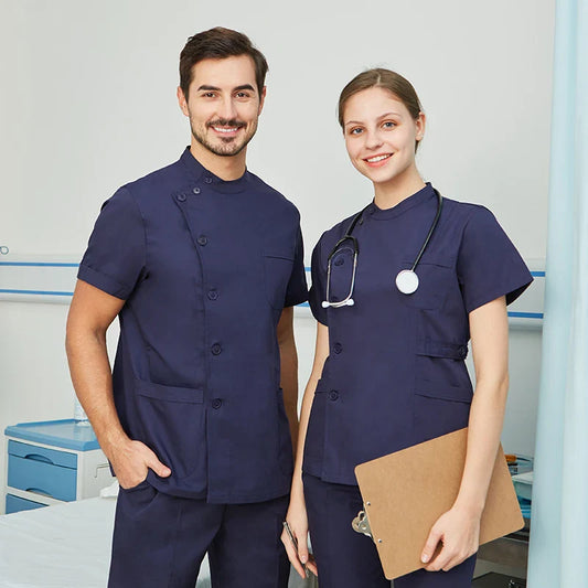 Cralom White Navy Blue Poplin Scrubs Set for Women Men