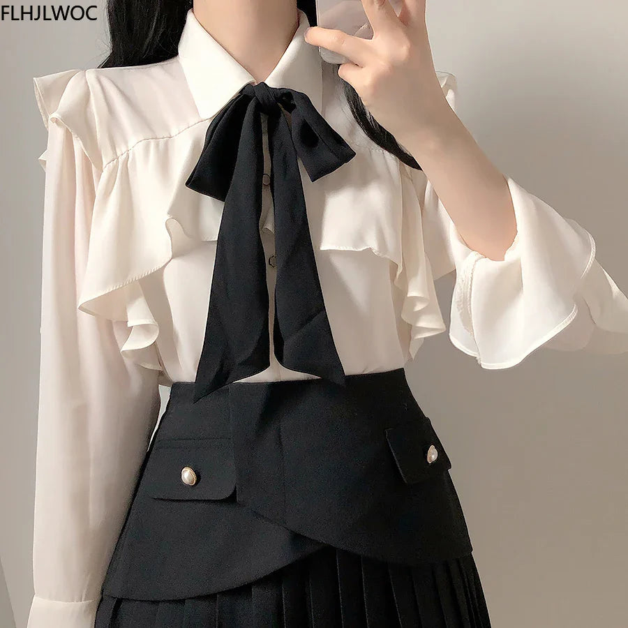 Cralom Ruffled Bow Tie Top Flare Sleeve Office Blouse White Shirt