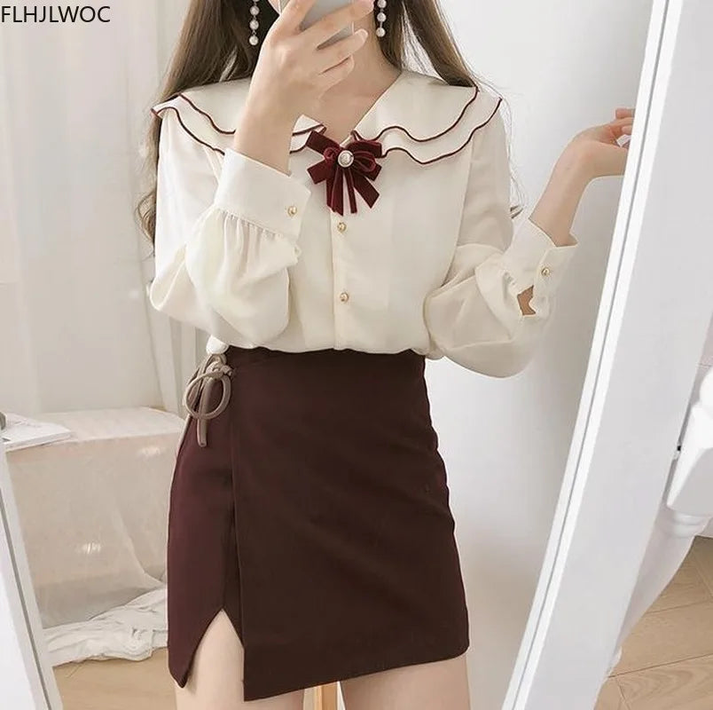 Cralom White Peter Pan Collar Shirt with Bow Tie - Japan Style Trendy Top