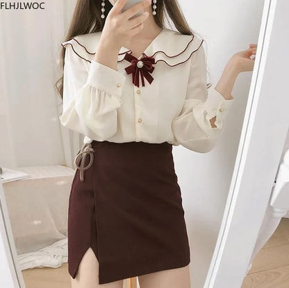 Cralom White Peter Pan Collar Shirt with Bow Tie - Japan Style Trendy Top
