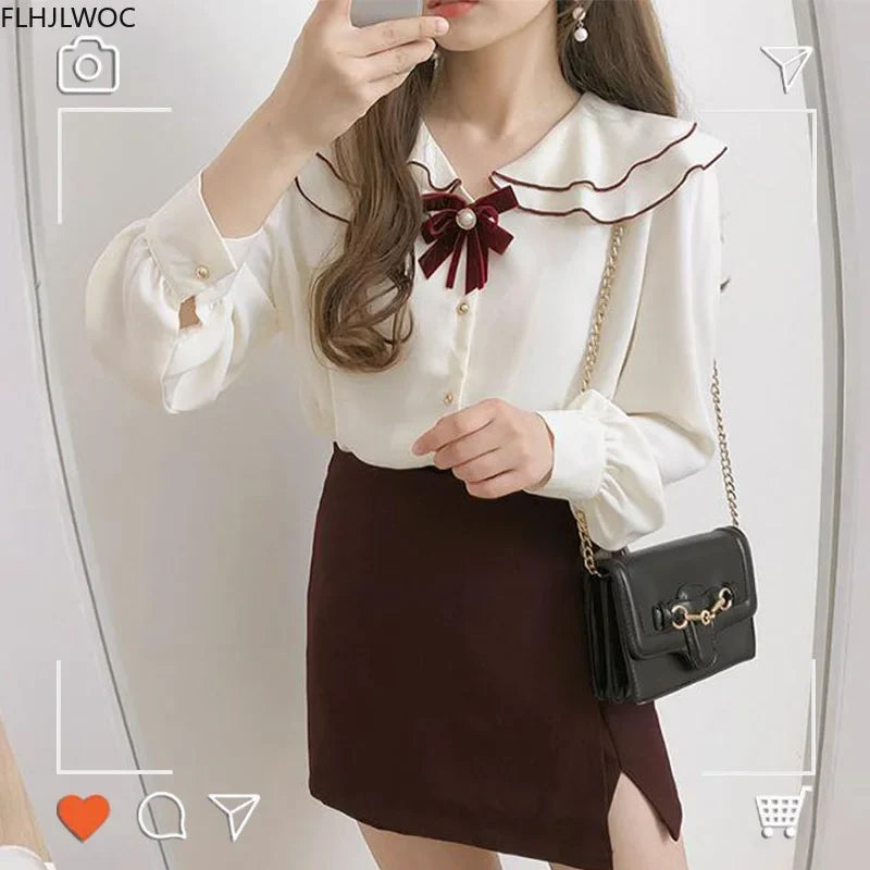 Cralom White Peter Pan Collar Shirt with Bow Tie - Japan Style Trendy Top