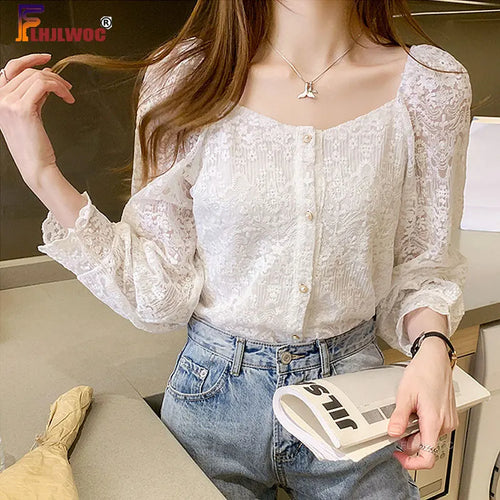 Cralom White Lace Long Sleeve Top: Preppy Style Crochet Shirt for Fall