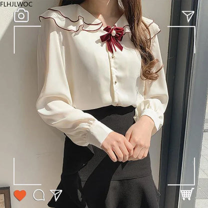 Cralom White Peter Pan Collar Shirt with Bow Tie - Japan Style Trendy Top