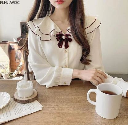 Cralom White Peter Pan Collar Shirt with Bow Tie - Japan Style Trendy Top