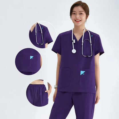Cralom Scrub Set: V Neck Top, Drawstring Pants, Lightweight Nursing Suit