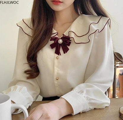 Cralom White Peter Pan Collar Shirt with Bow Tie - Japan Style Trendy Top