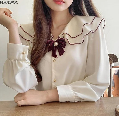Cralom White Peter Pan Collar Shirt with Bow Tie - Japan Style Trendy Top