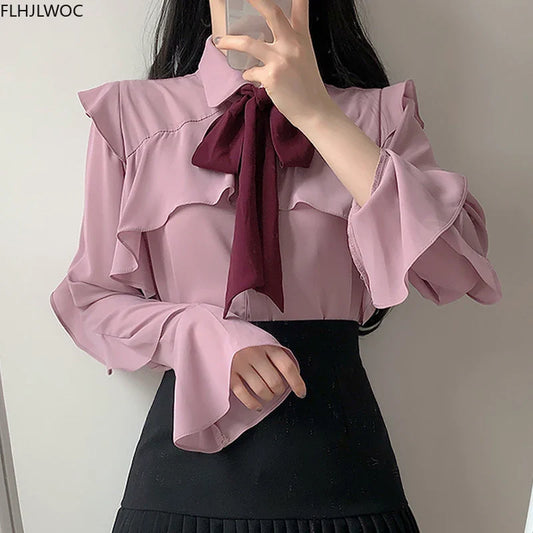 Cralom Ruffled Bow Tie Top Flare Sleeve Office Blouse White Shirt