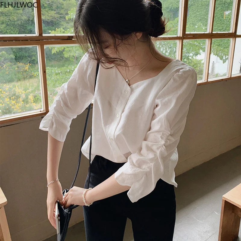 Cralom White Autumn Basic Shirt Single Breasted Women's Blouse